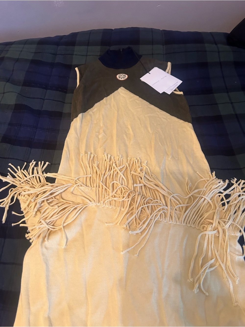 Lukhanyo . mdingi Yellow Fringe Knit Dress with Dark Olive Yoke